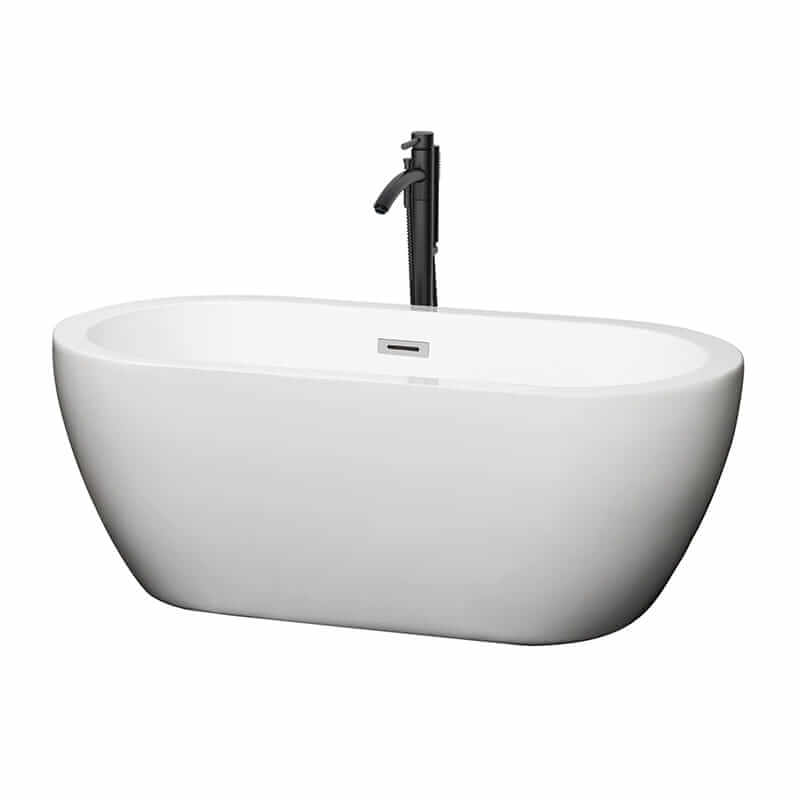 Soho 60" Freestanding Acrylic White Bathtub With Polished Chrome Trim and Matte Black Faucet Top Front View