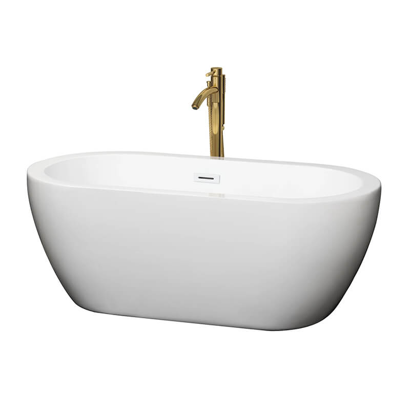 Soho 60" Freestanding Acrylic White Bathtub With Shiny White Trim and Brushed Gold Faucet Top Front View