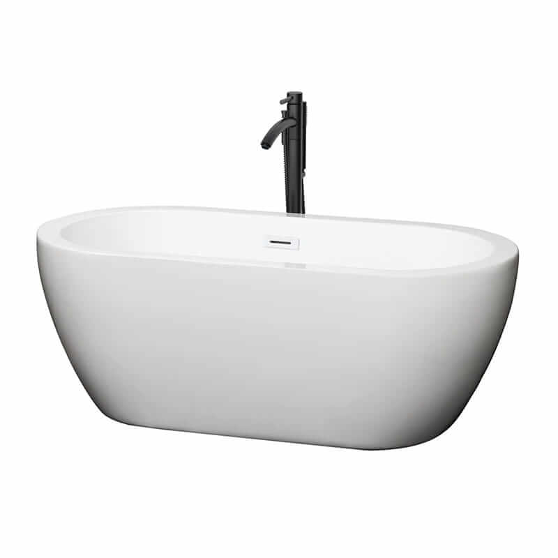 Soho 60" Freestanding Acrylic White Bathtub With Shiny White Trim and Matte Black Faucet Top Front View
