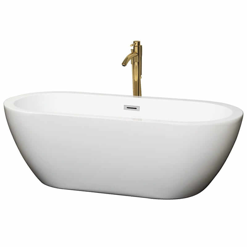 Soho 68" Freestanding Acrylic White Bathtub With Polished Chrome Trim and Brushed Gold Faucet Top Front View