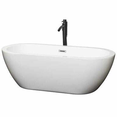 Soho 68" Freestanding Acrylic White Bathtub With Polished Chrome Trim and Matte Black Faucet Top Front View
