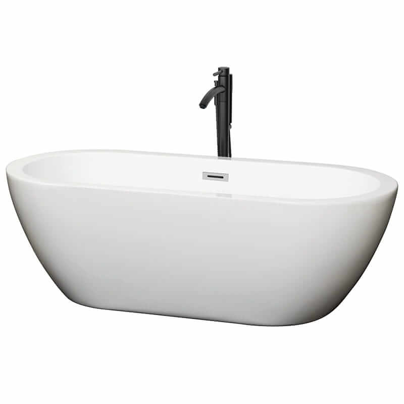 Soho 68" Freestanding Acrylic White Bathtub With Polished Chrome Trim and Matte Black Faucet Top Front View