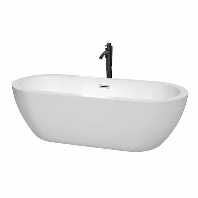 Soho 72" Freestanding Acrylic White Bathtub With Polished Chrome Trim and Matte Black Faucet Top Front View