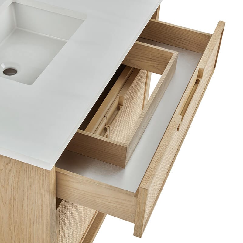 Solene 36 Inch Single Vanity in Seaside Oak Top View Open Drawer With Countertop