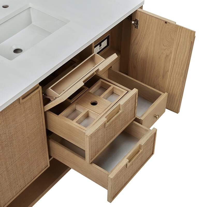 Solene 48 Inch Single Vanity in Seaside Oak Top View With Countertop Open Drawers