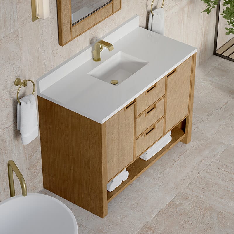 Solene 48 Inch Single Vanity in Seaside Oak With Single Hole Faucet White Zeus Silestone Top Backsplash