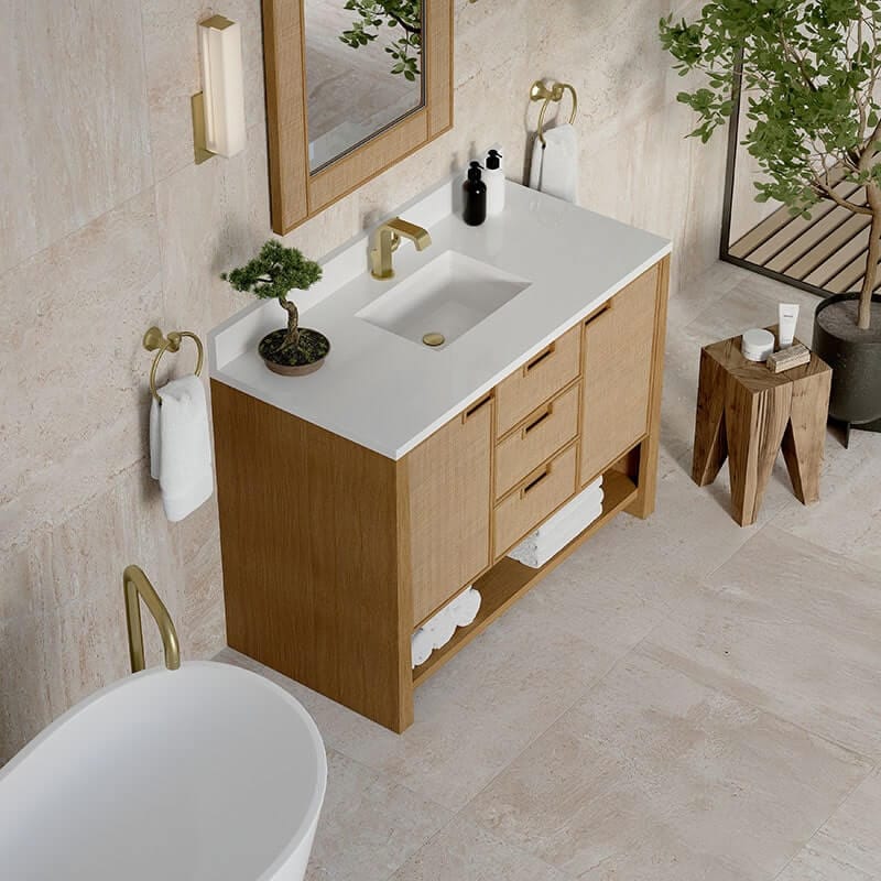 Solene 48 Inch Single Vanity Seaside Oak Single Hole Faucet White Zeus Silestone Top Backsplash