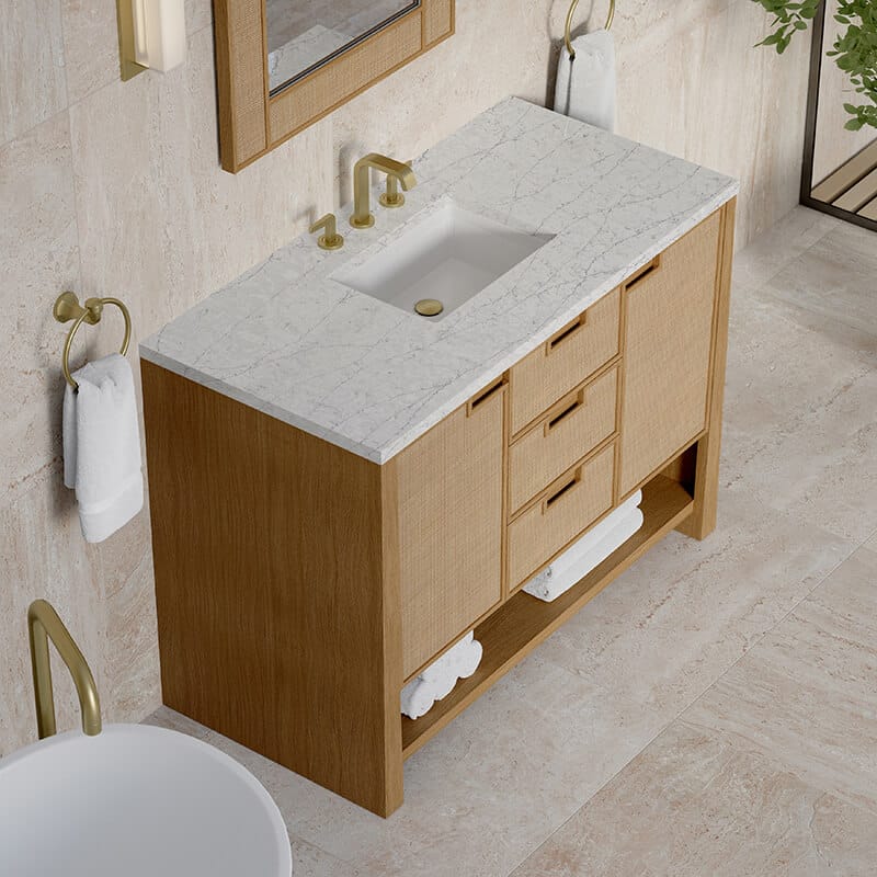 Solene 48" Single Vanity in Seaside Oak With Eternal Jasmine Pearl Quartz Top