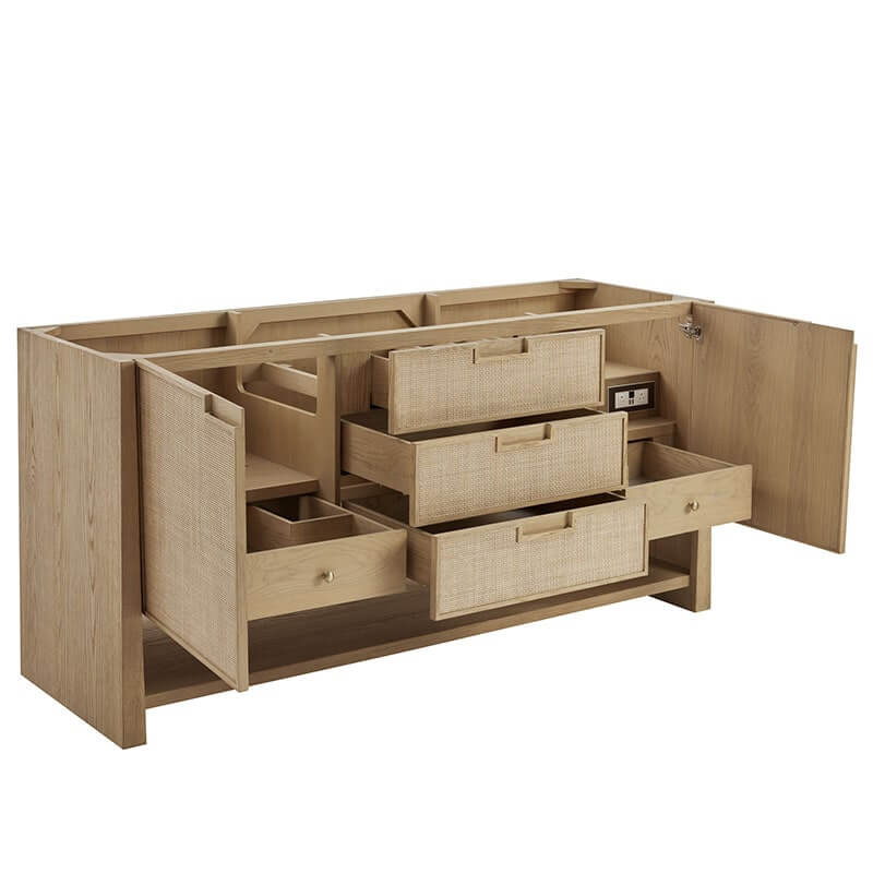 Solene 72 Double Vanity Seaside Oak Corner View Open Drawer