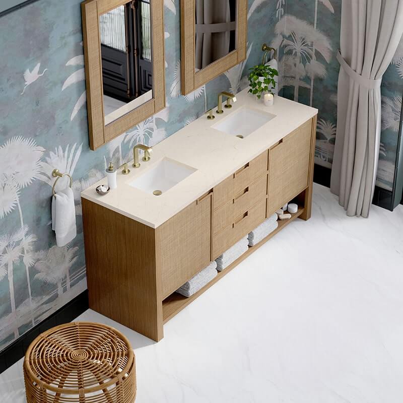 Solene 72 Inch Double Vanity Seaside Oak Eternal Marfil Top