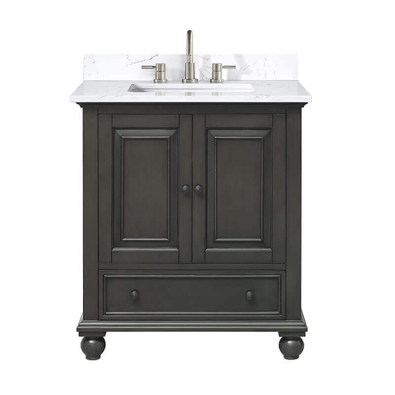 Thompson 30 Inch Single Vanity Charcoal Glaze in Cala White Engineered Stone Front View