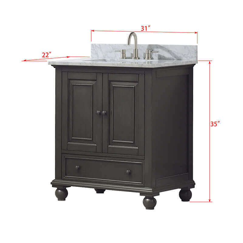 Thompson 30 Single Vanity Charcoal Glaze in Carrara White Marble Dimension