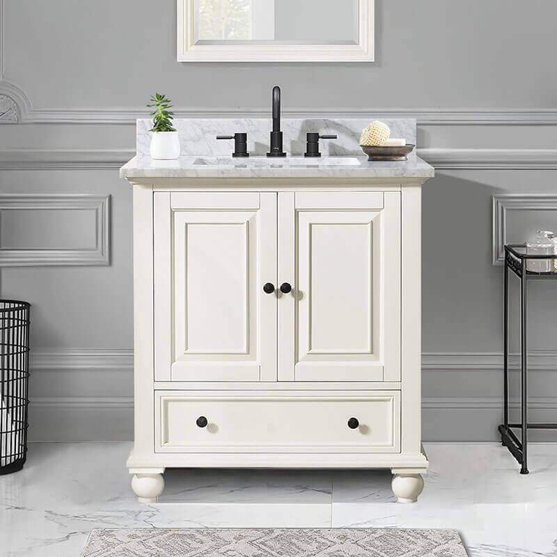 Thompson 30 Single Vanity French White in Carrara White Marble Front View