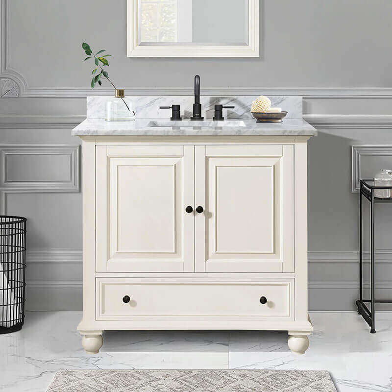 Thompson 36 Inch Single Vanity French White in Carrara White Marble Front View