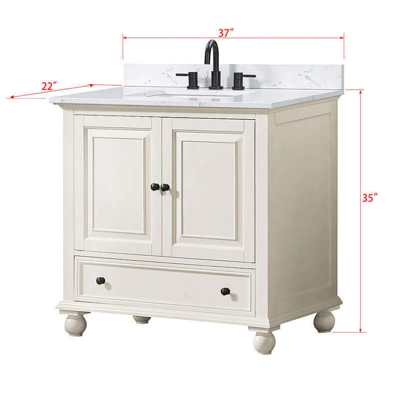 Thompson 36  Single Vanity French White in Cala White Engineered Stone Dimension