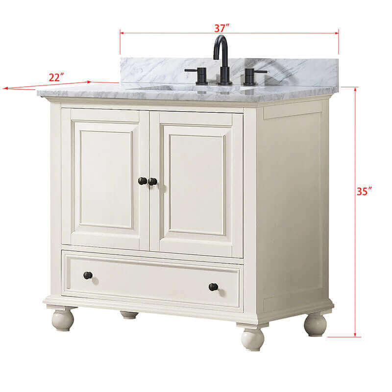 Thompson 36  Single Vanity French White in Carrara White Marble Dimension