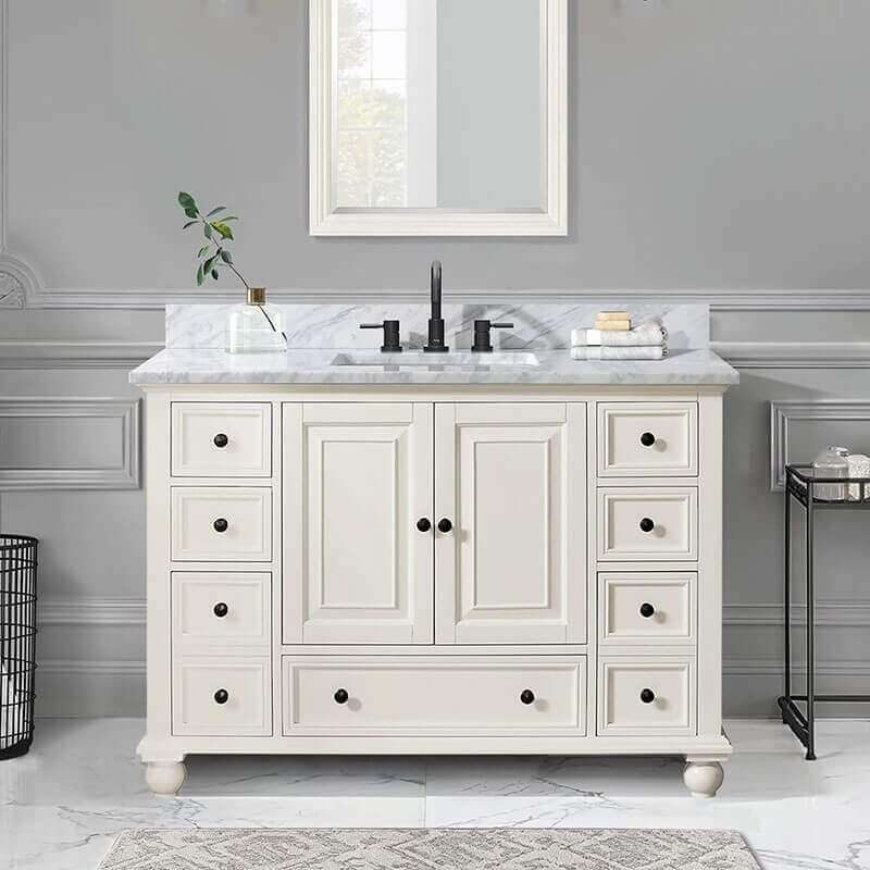 Thompson 48 Inch Single Vanity French White in Carrara White Marble