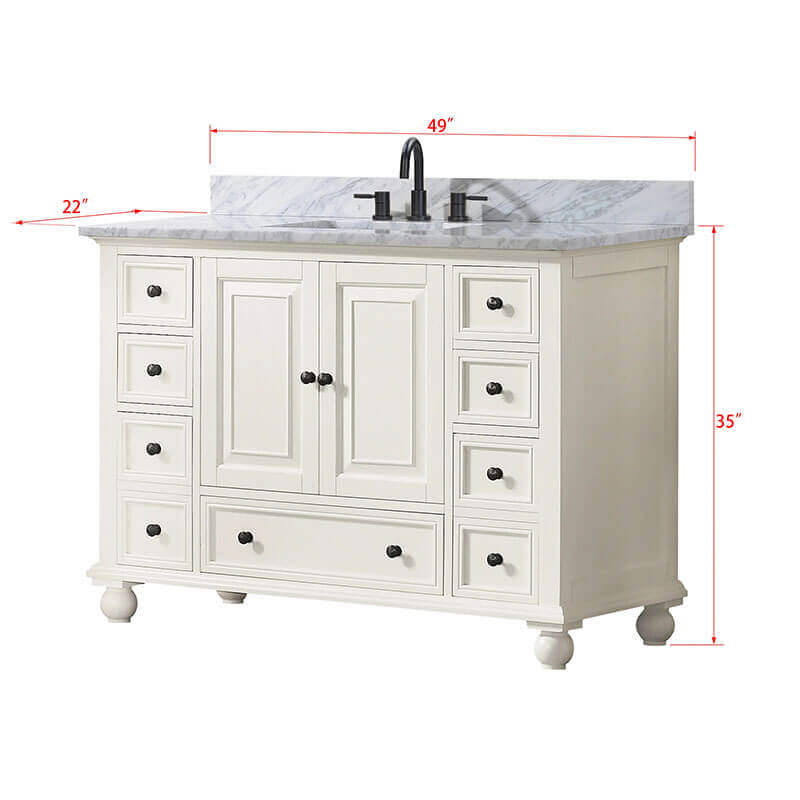 Thompson 48 Single Vanity French White in Carrara White Marble Dimension