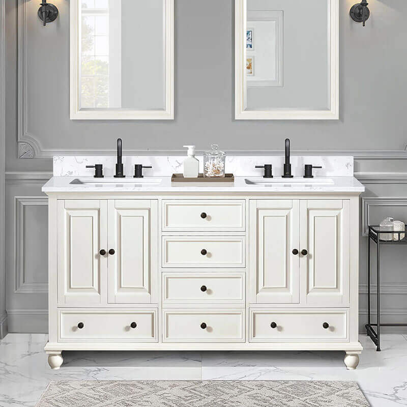 Thompson 60 Double Vanity French White in Cala White Engineered Stone Front View