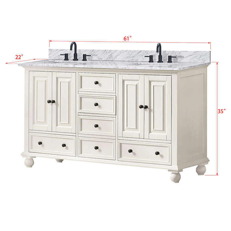 Thompson 60 Double Vanity French White in Carrara White Marble Dimension