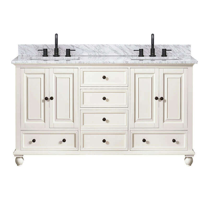 Thompson 60 Inch Double Vanity French White in Carrara White Marble Front View