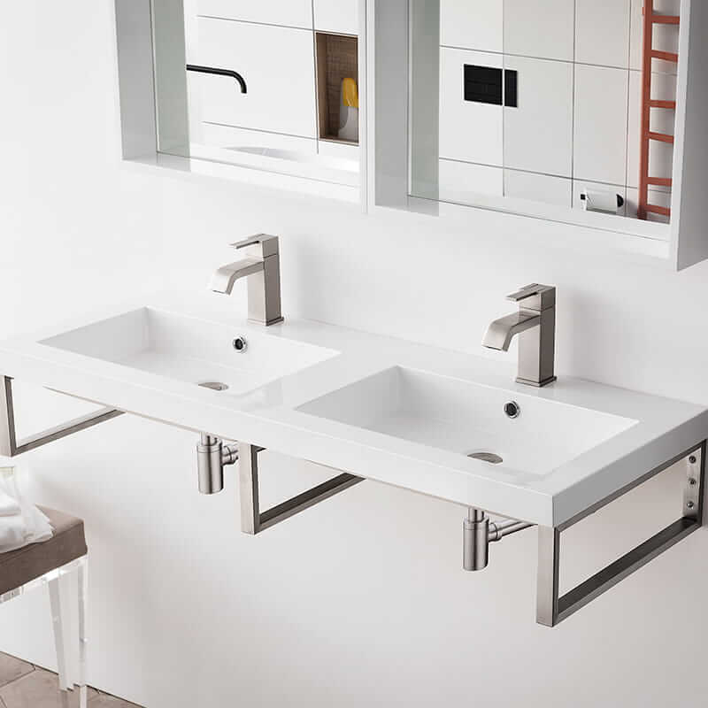 Three Boston 18 Inch Wall Brackets in Brushed Nickel With 47" White Glossy Composite Stone Top Corner View Up Close