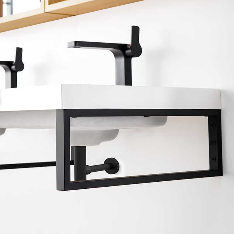 Three Boston 18 Inch Wall Brackets in Matte Black With 47" White Glossy Composite Stone Top Side View Up Close