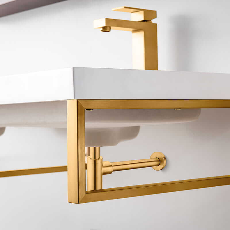 Three Boston 18 Inch Wall Brackets in Radiant Gold With 47" White Glossy Composite Stone Top Corner View Up Close