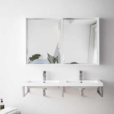 Three Boston 18" Wall Brackets in Brushed Nickel With 47" White Glossy Composite Stone Top Front View