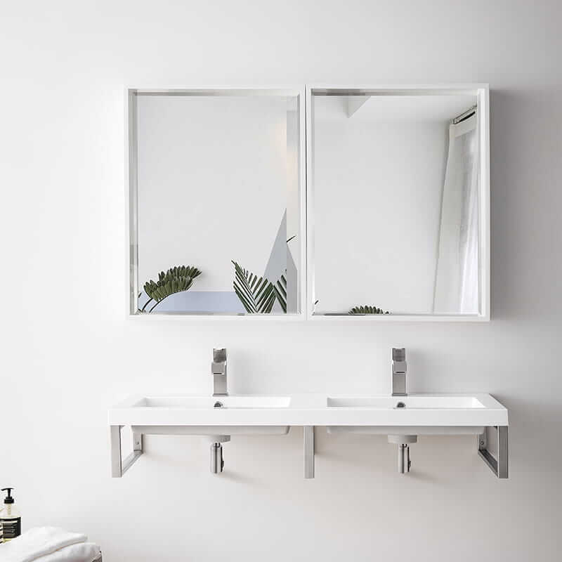 Three Boston 18" Wall Brackets in Brushed Nickel With 47" White Glossy Composite Stone Top Front View
