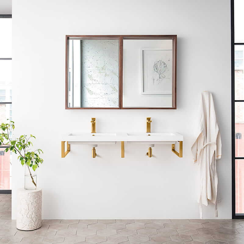 Three Boston 18" Wall Brackets in Radiant Gold With 47" White Glossy Composite Stone Top Front View