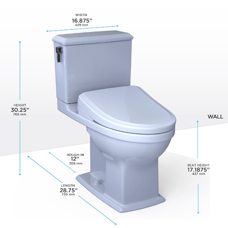 TOTO Connelly Washlet+ S7 Two-Piece 1.28 and 0.9 GPF Dimensions