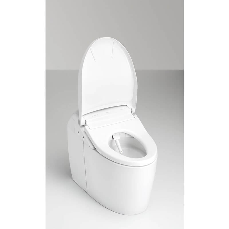 toto neorest rh dual flush 1.0 gpf 0.8 gpf integrated bidet toilet quarter view open lid lifestyle