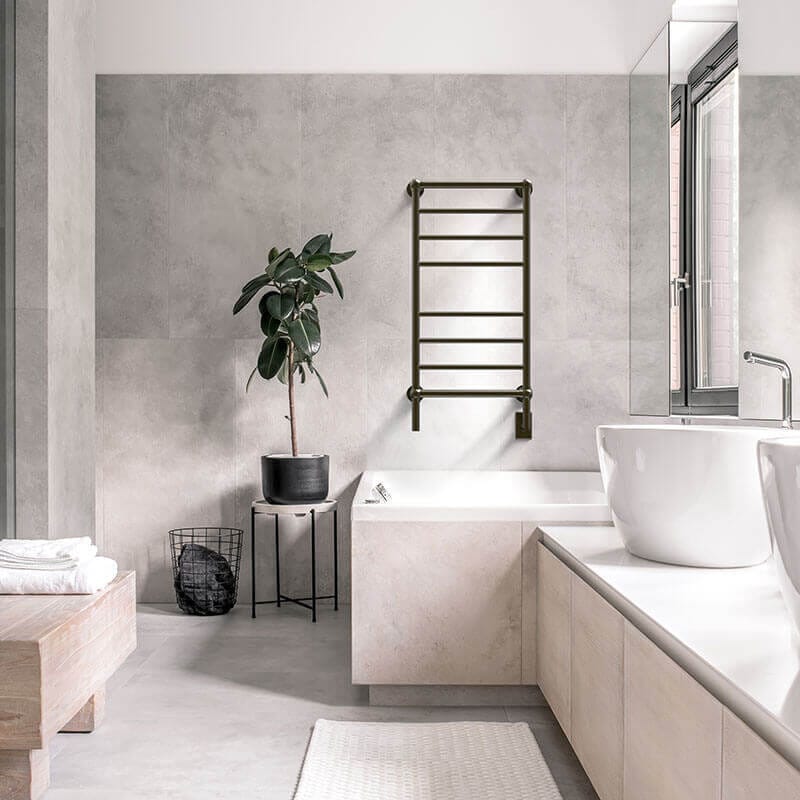 Traditional Model T-2040 8 Bar Hardwired Towel Warmer Brushed Bronze Front View Bathroom Set Up