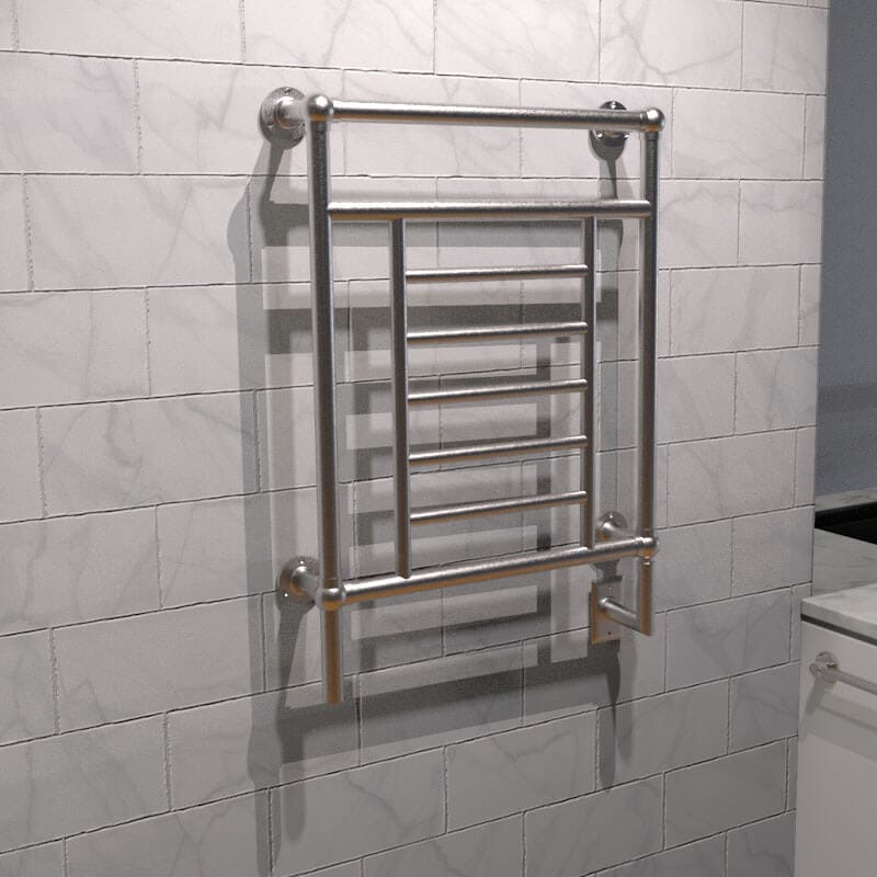 Traditional Model T-2536 8 Bar Hardwired Towel Warmer Brushed Nickel Corner View Bathroom Set Up