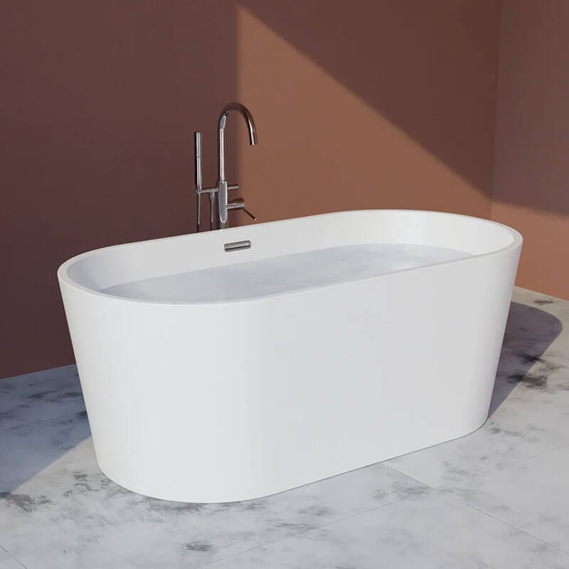 Trone Flora F5930 59 x 30 Inch Freestanding Acrylic Soaker Tub Central Chrome Rear Corner View