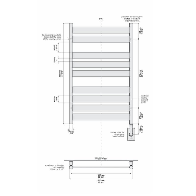 Tuzio Romano 23.5 X 37 Inch Towel Warmer Diagram and Measurement