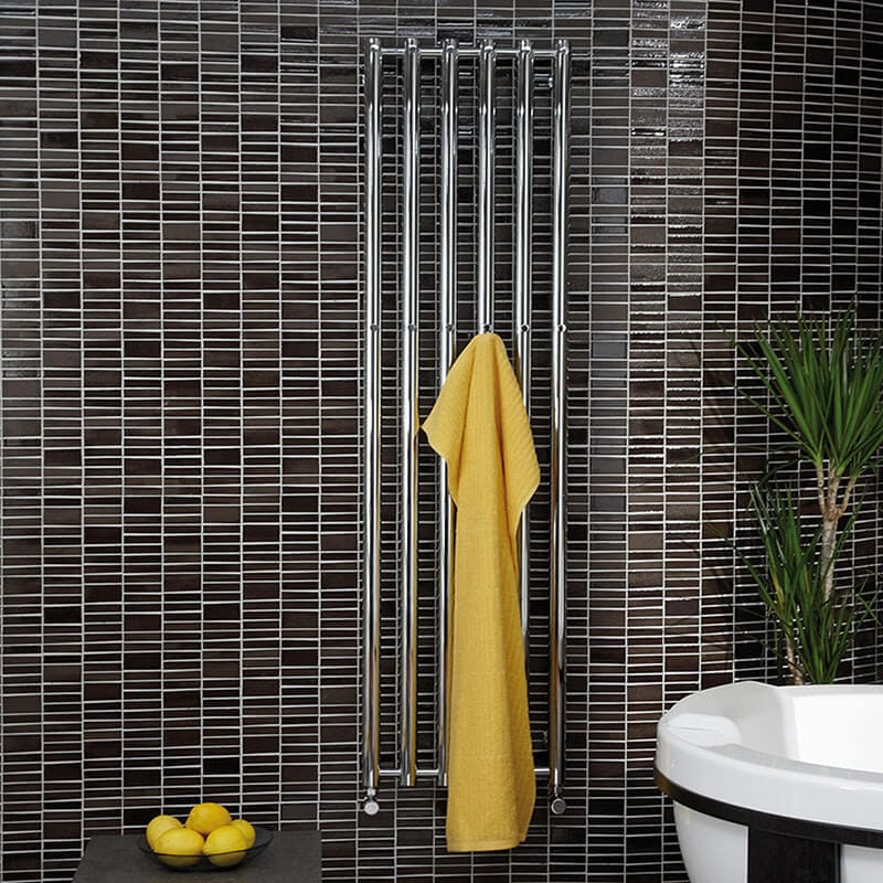 Tuzio Rosendal 16.5 X 59 Towel Warmer Chrome Front View With Yellow Towel