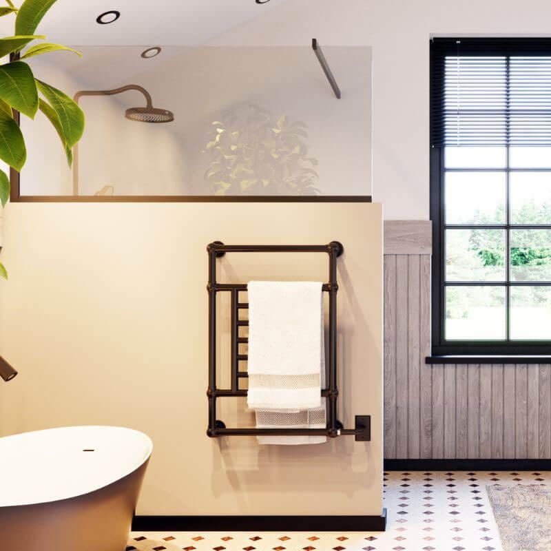 Tuzio Thames 23.5 X 34.5 Inch Wall Mounted Towel Warmer Matte Black Bathroom Set Up