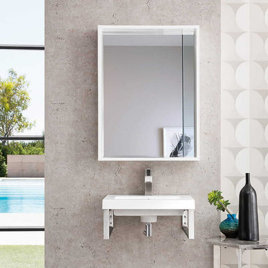 Two Boston 15.25" Wall Brackets in Brushed Nickel With 20" White Glossy Composite Stone Top Front View