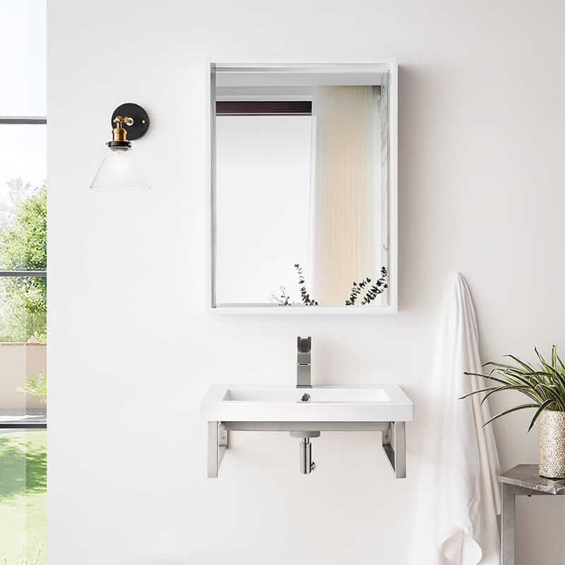 two boston 18" wall brackets in brushed nickel with 23.6" white glossy composite stone top front view