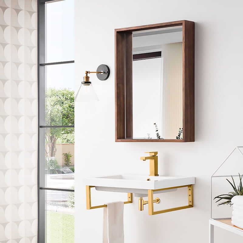 Two Boston 18" Wall Brackets in Radiant Gold With 23.6" White Glossy Composite Stone Top Corner View