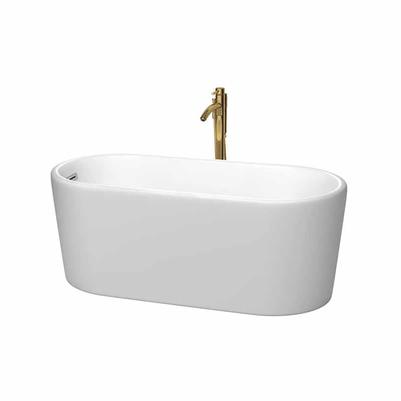 Ursula 59" Freestanding Acrylic Matte White Bathtub Polished Chrome Trim and Brushed Gold Faucet Top Front View