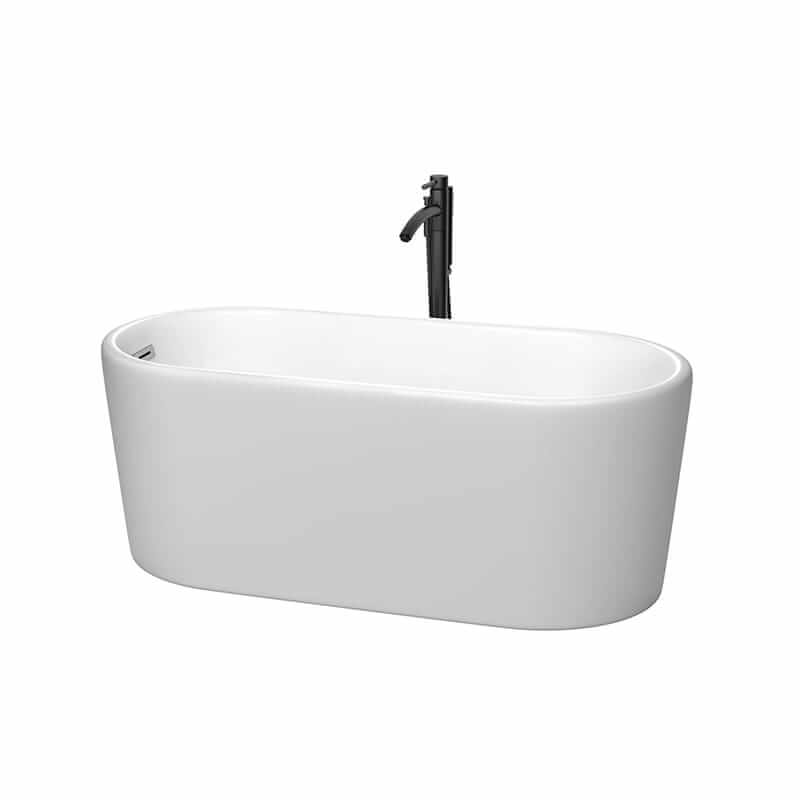 Ursula 59" Freestanding Acrylic Matte White Bathtub With Polished Chrome Trim and Matte Black Faucet Top Front View