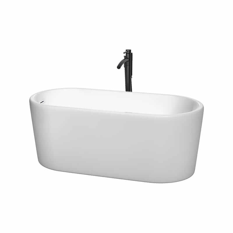 Ursula 59" Freestanding Acrylic White Bathtub With Shiny White Trim and Matte Black Faucet Top Front View