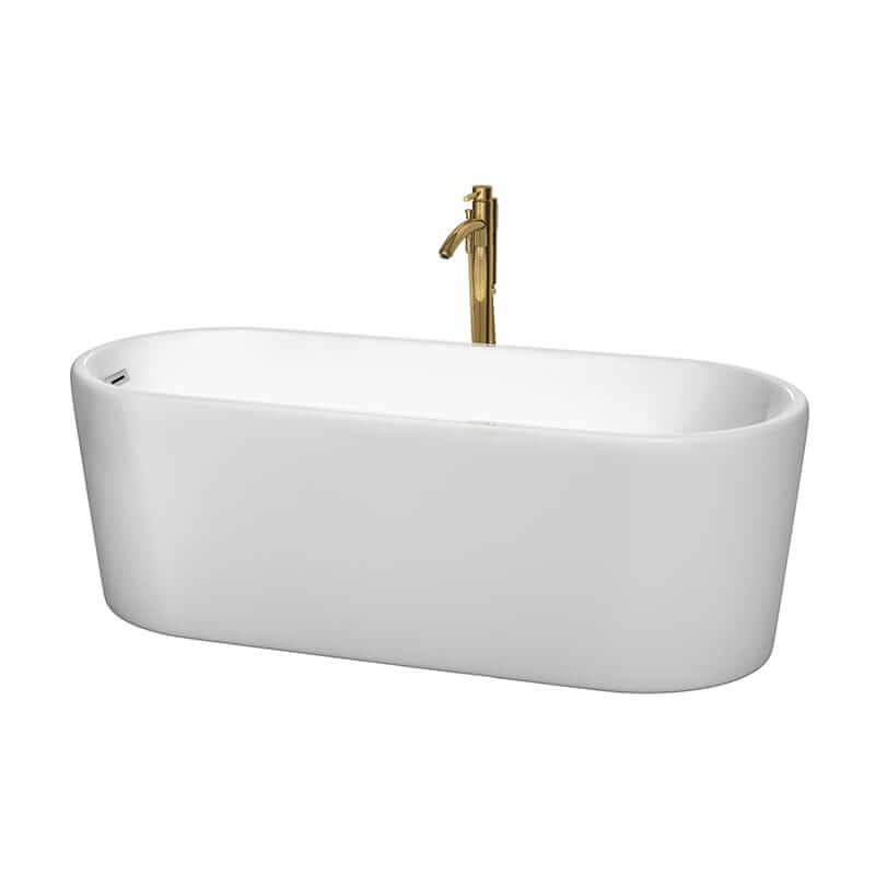 Ursula 67" Freestanding Acrylic White Bathtub With Polished Chrome Trim and Brushed Gold Faucet Top Front View