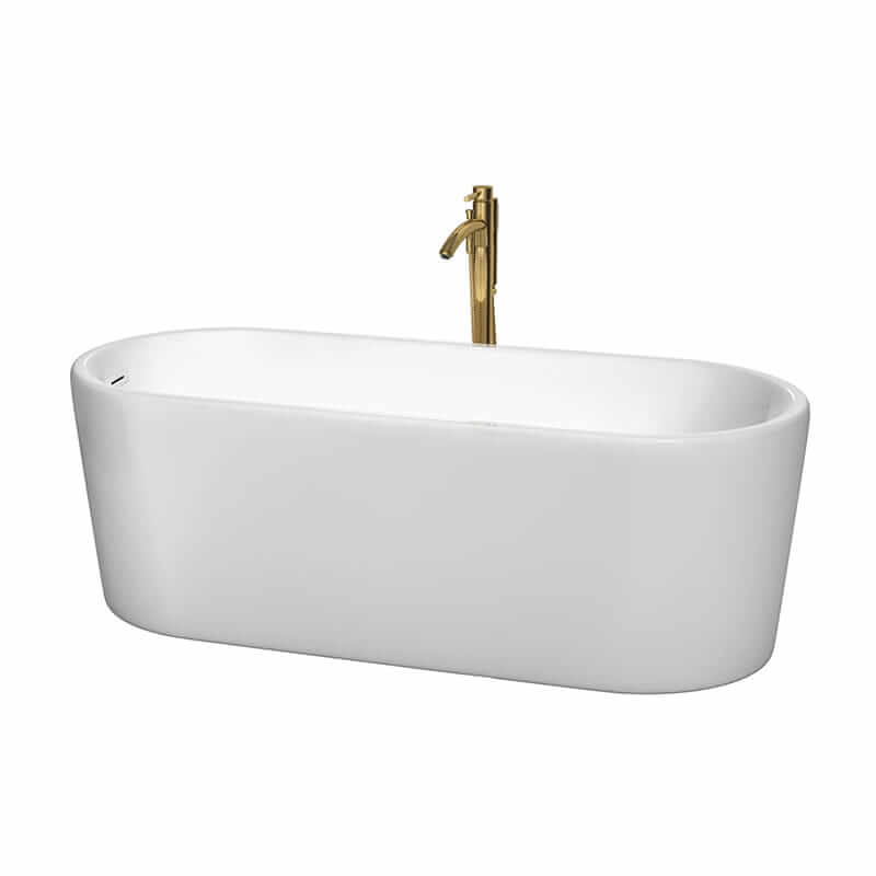Ursula 67" Freestanding Acrylic White Bathtub With Shiny White Trim and Brushed Gold Faucet Top Front View