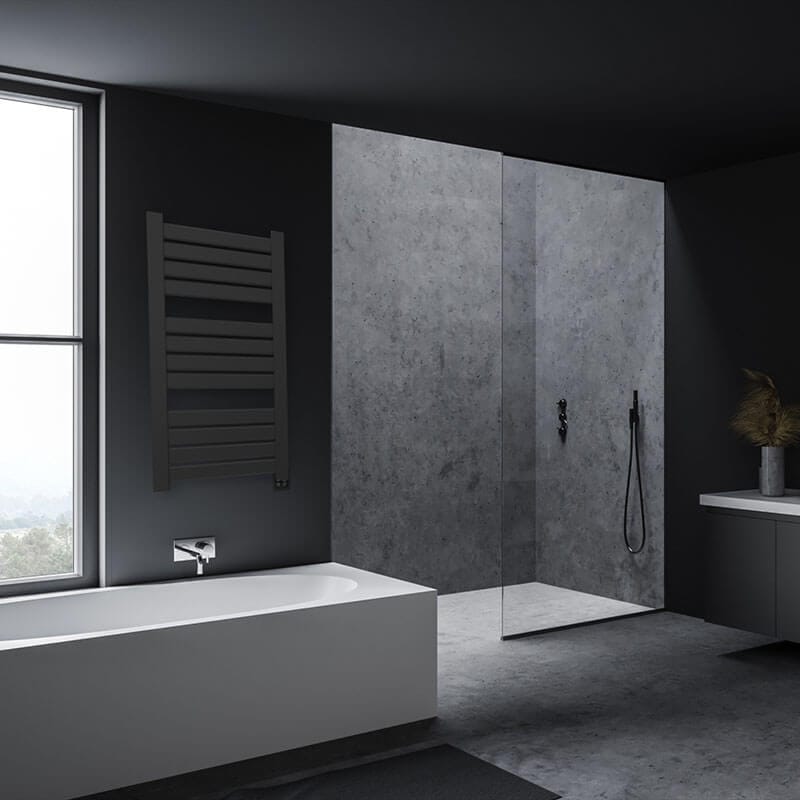 Vega v2356.2 12 Panel Hardwired Towel Warmer Matte Black Corner View Bathroom Set Up