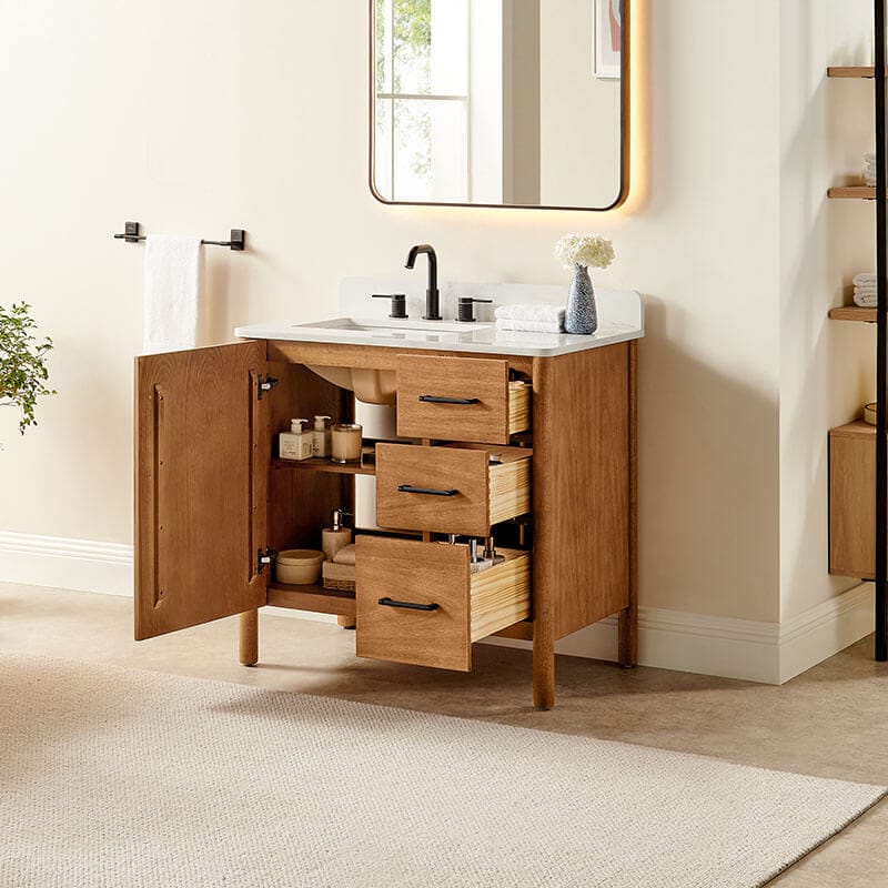 Velora 36 inch Single Bathroom Vanity with Top Mango Brown Open Drawer