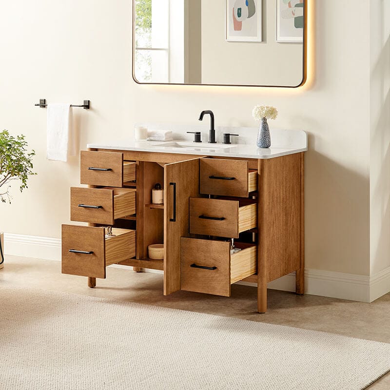 Velora 48 inch Single Bathroom Vanity with Top Mango Brown Open Drawer